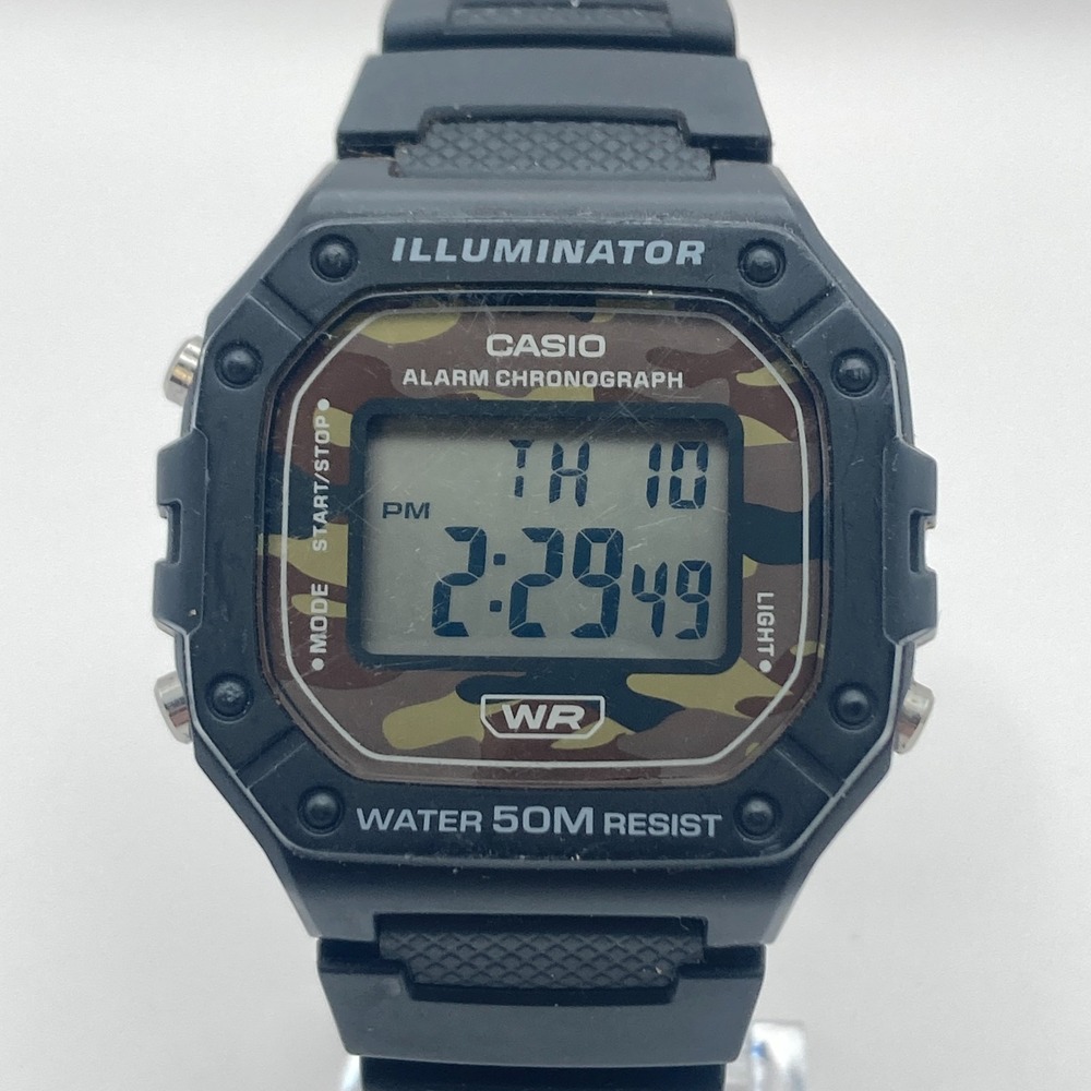 Casio Illuminator Watch Men 43mm Digital Camo Black 3224 W-218H Alarm Chrono